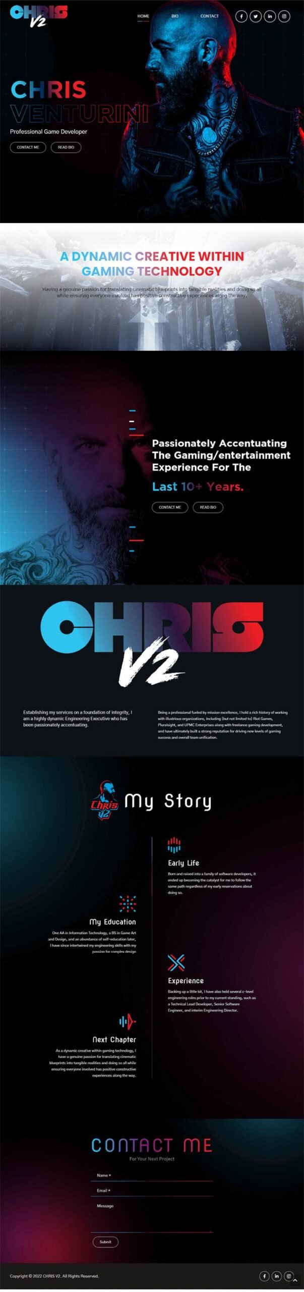 Chris.v2 homepage: Figma to WordPress portfolio website for a game developer