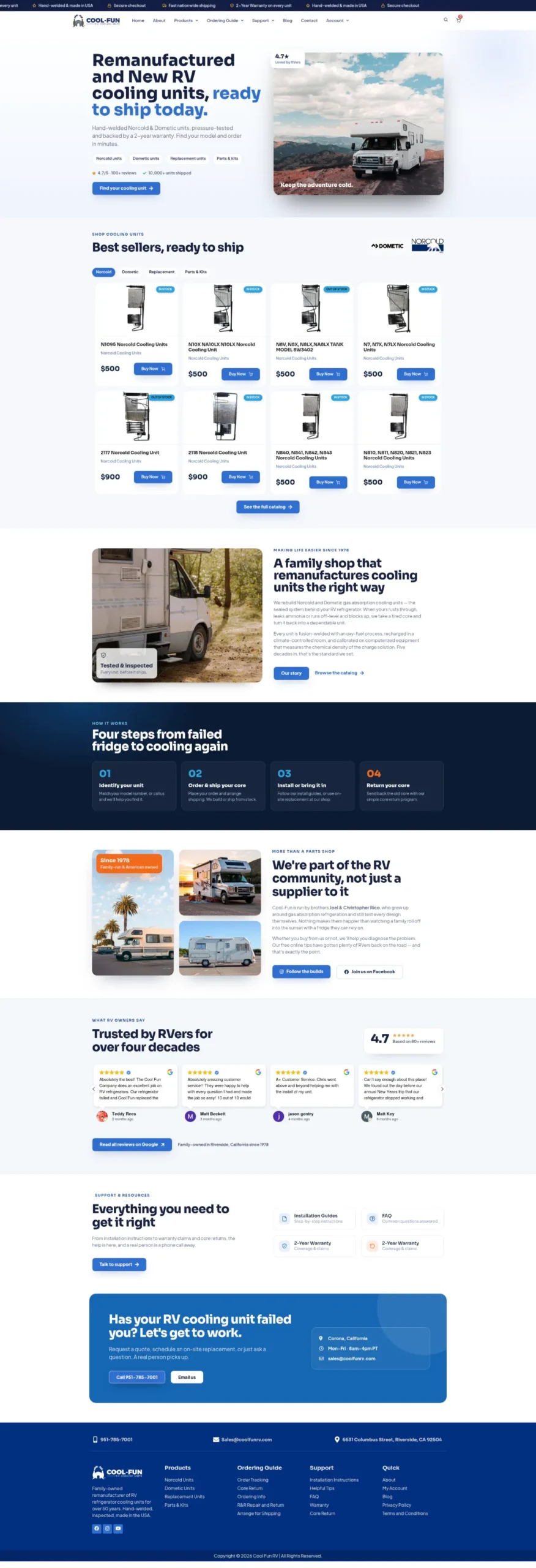 Cool Fun RV homepage: WooCommerce store redesign for a seller of RV cooling units