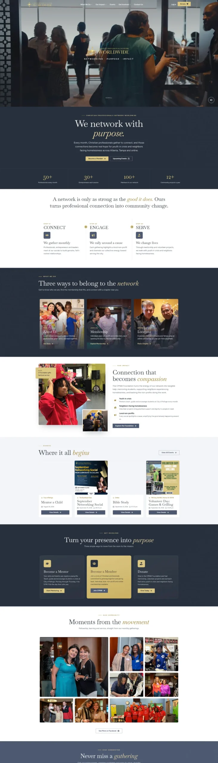 CPN Worldwide homepage: WordPress website design for a professional network with events and membership