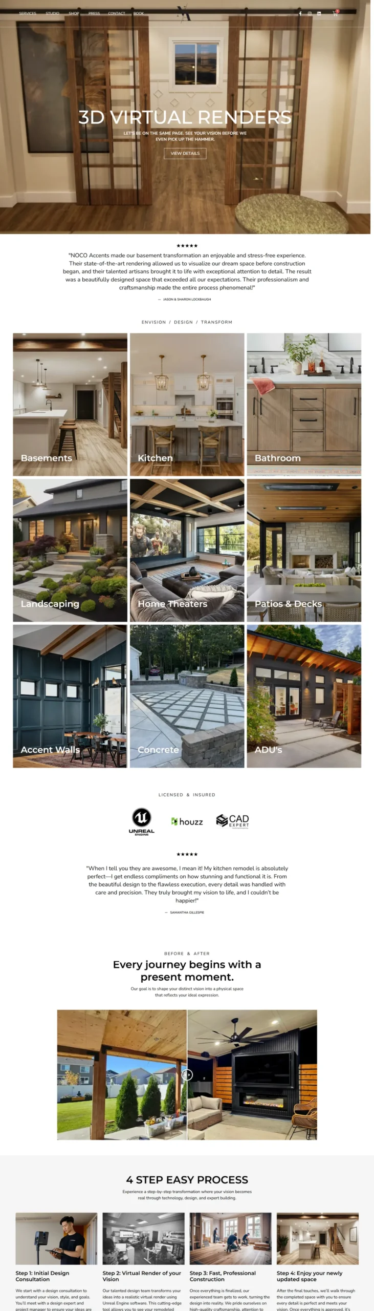 NOCO Accents homepage: WordPress portfolio website design for a 3D rendering studio