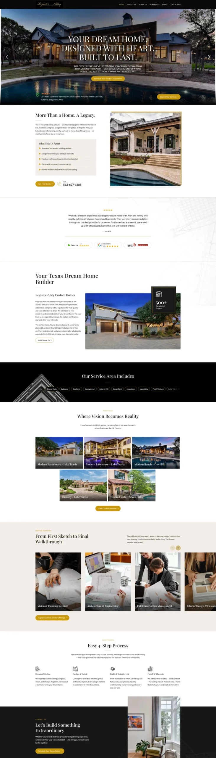 RA Custom Homes homepage: WordPress website design for a luxury home builder in the USA