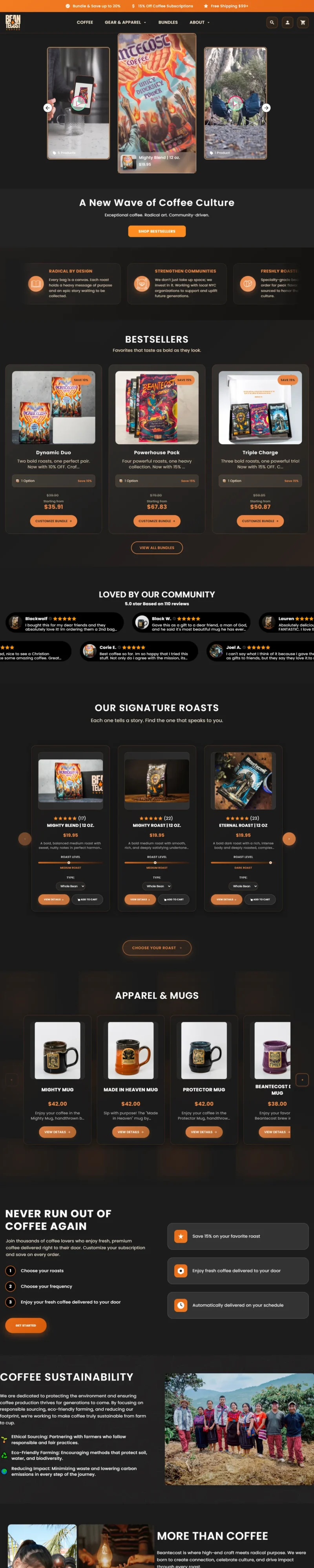 Beantecost Coffee homepage: custom Shopify store design for a craft coffee brand