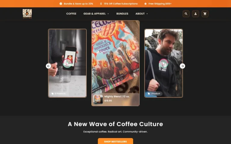 Beantecost Coffee homepage: Shopify store design for a craft coffee brand