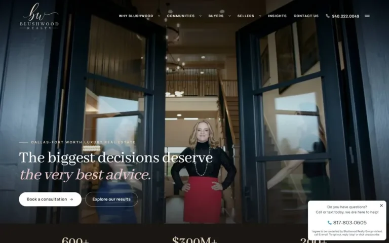 Blushwood homepage: real estate agent website design with property listings