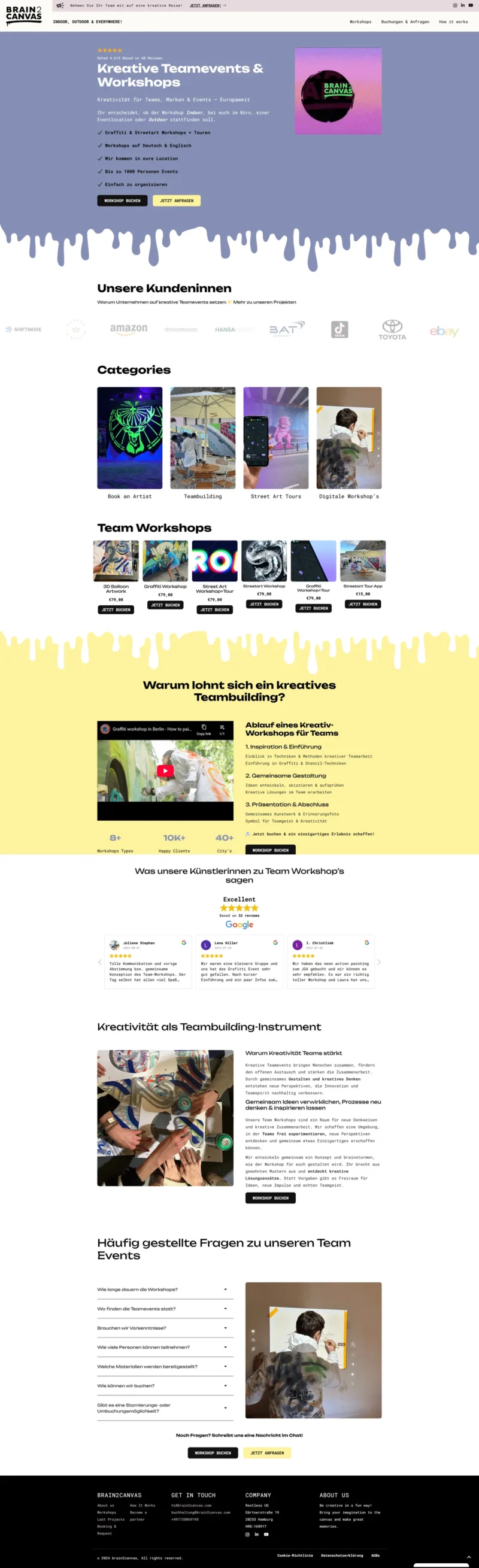 Brain2Canvas homepage: Figma to WordPress website design for graffiti team events in Germany