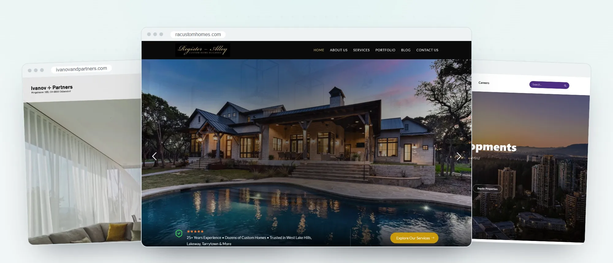 Construction and home builder websites designed by Tangle Logics: Ivanov + Partners, RA Custom Homes and Baydo