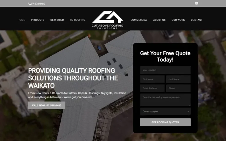 Cut Above Roofing homepage: roofing contractor website design with a quote form, New Zealand