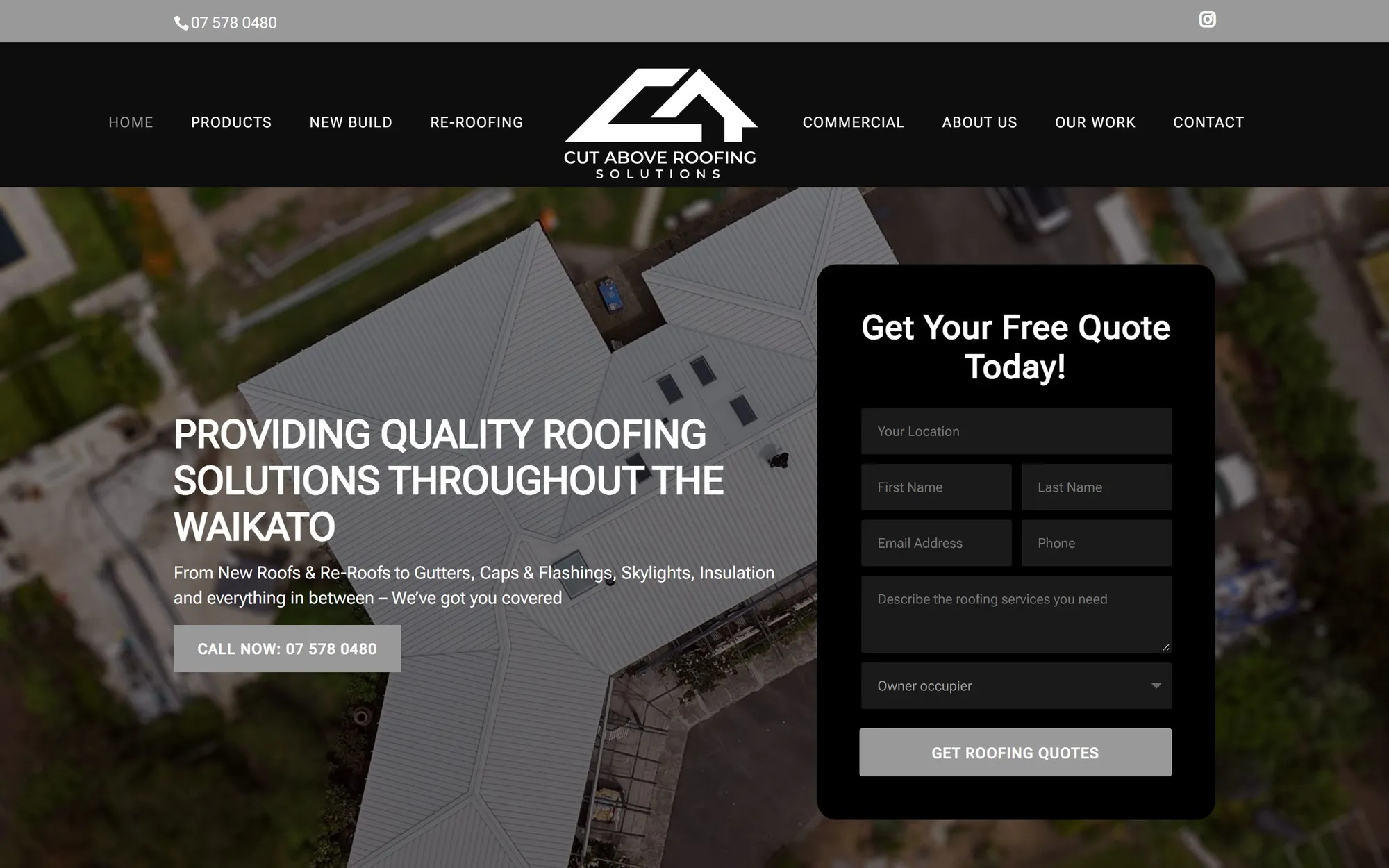 Roofing contractor website example: Cut Above Roofing puts a free quote form in the first screen