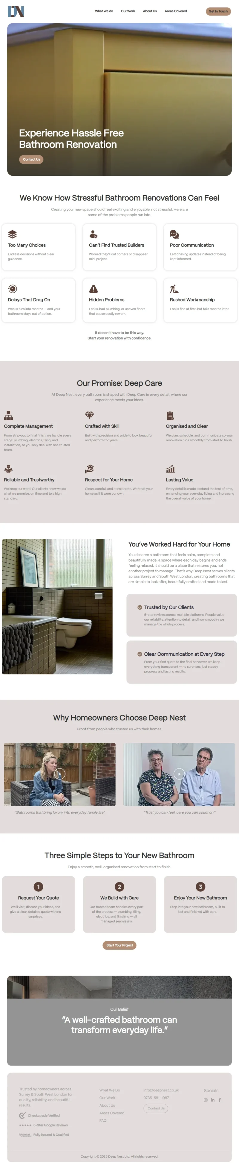 Deep Nest homepage: custom WordPress website design for a bathroom renovation company in the UK