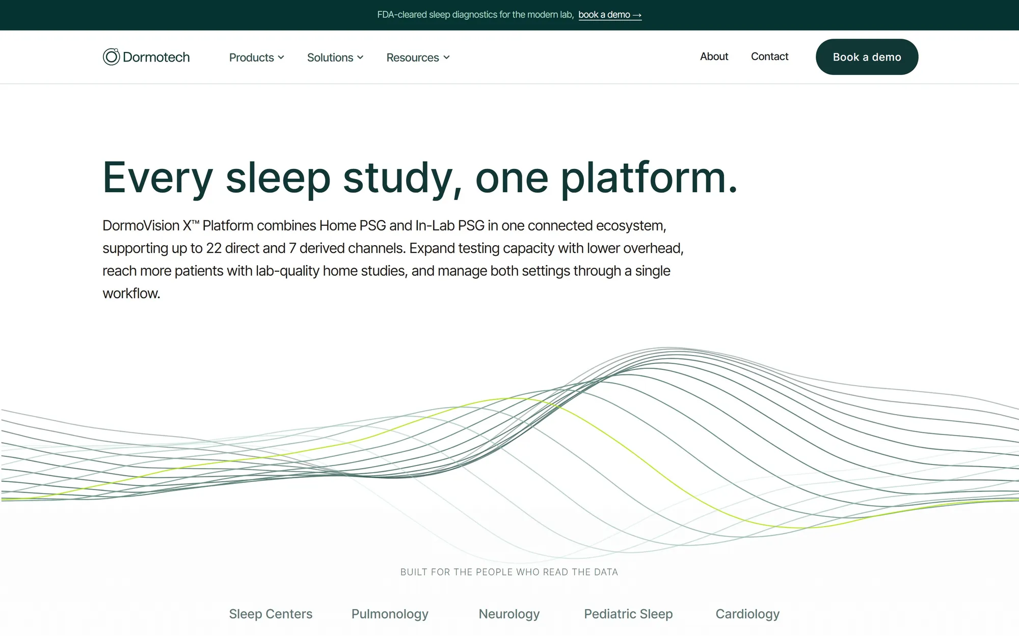 Healthcare website design example: DormoTech homepage with its FDA-cleared credential and a Book a demo button in the first screen