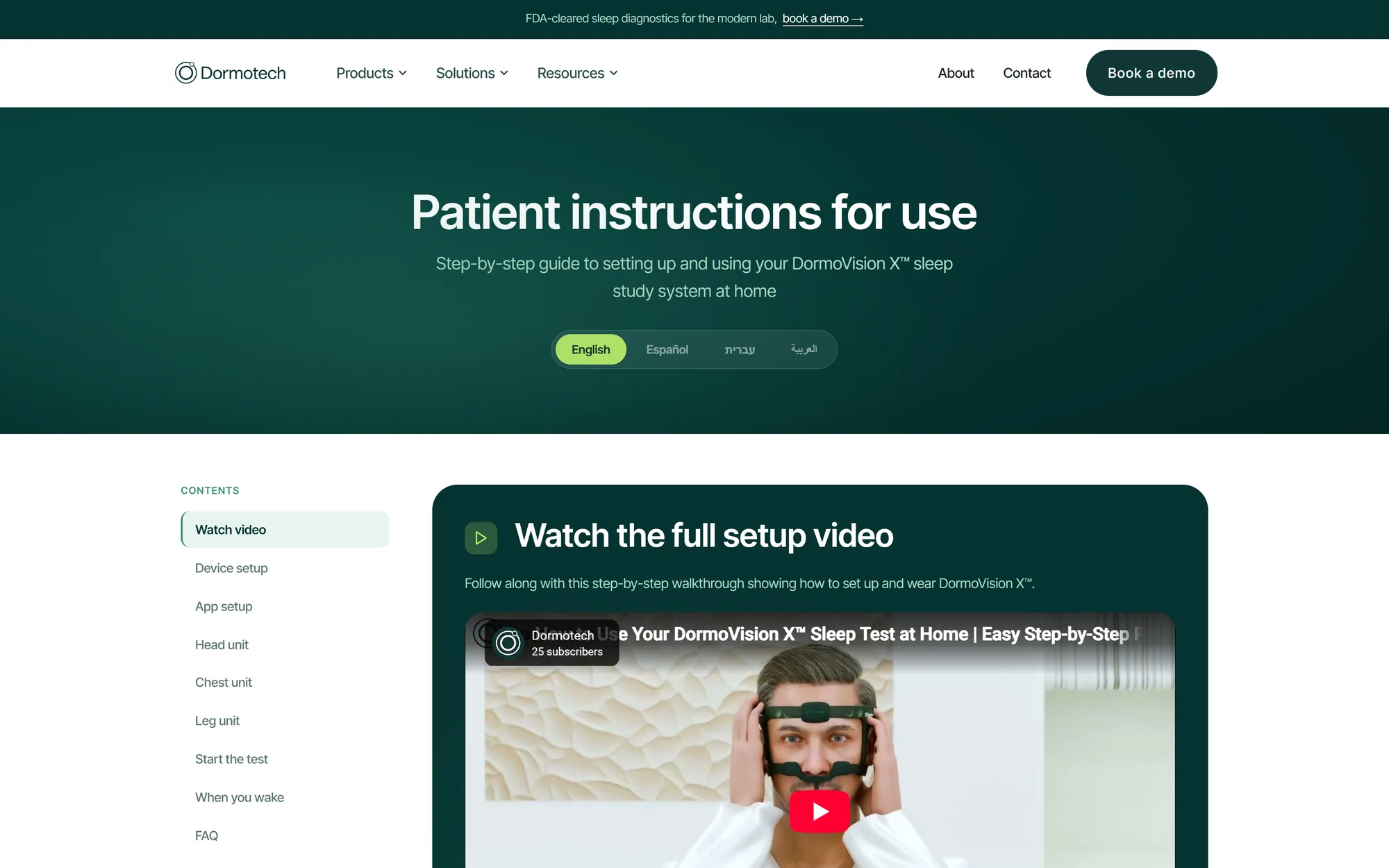 Patient education page example: DormoTech step-by-step instructions for an at-home sleep test, with a setup video and contents list