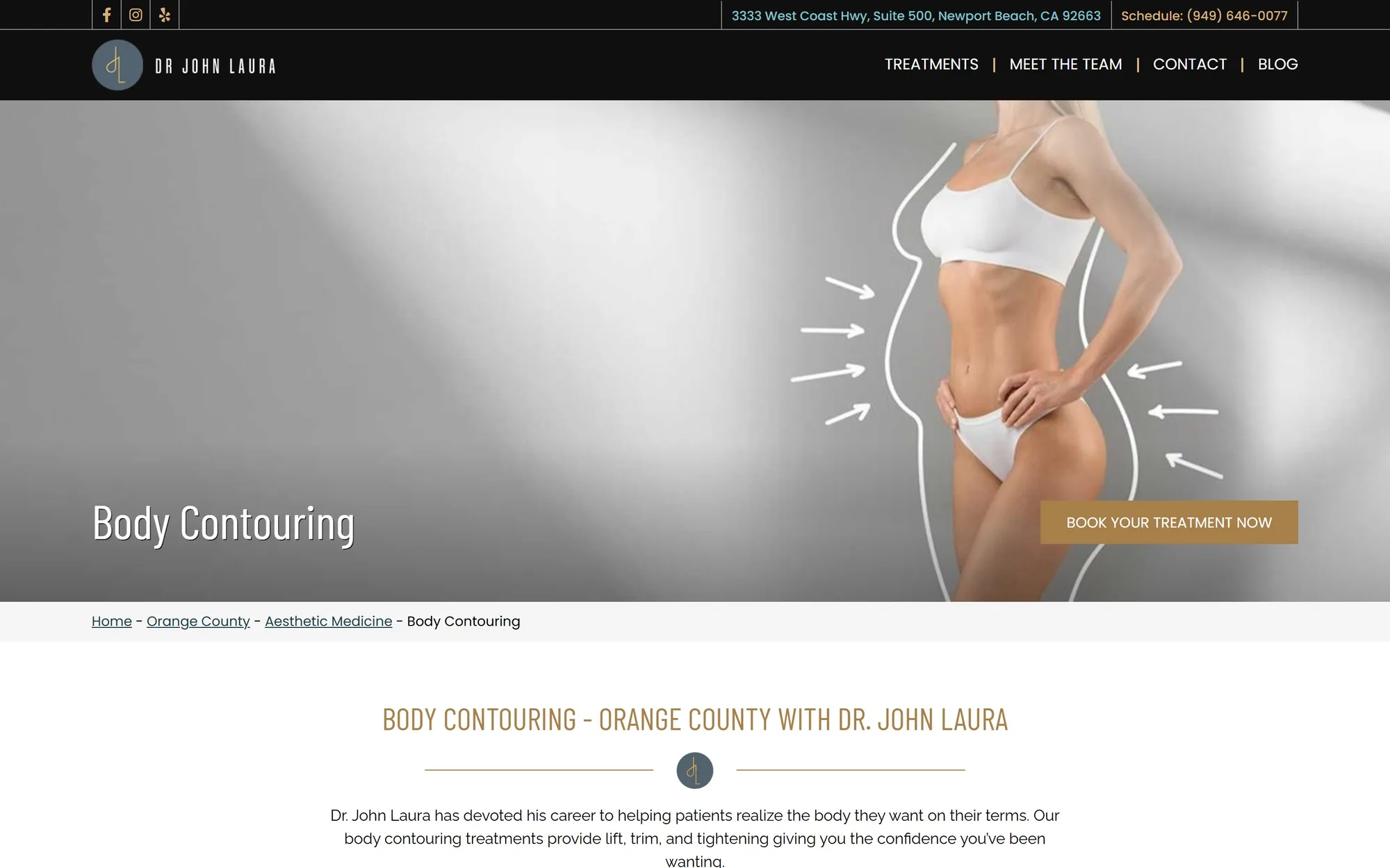Clinic treatment page design example: Dr. John Laura body contouring page with a book your treatment button