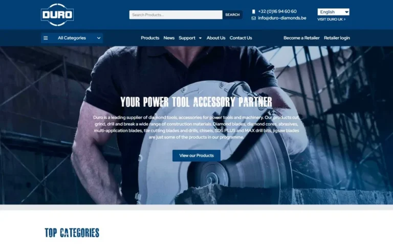 Duro Diamonds homepage: WooCommerce catalogue store for power tool accessories in Belgium
