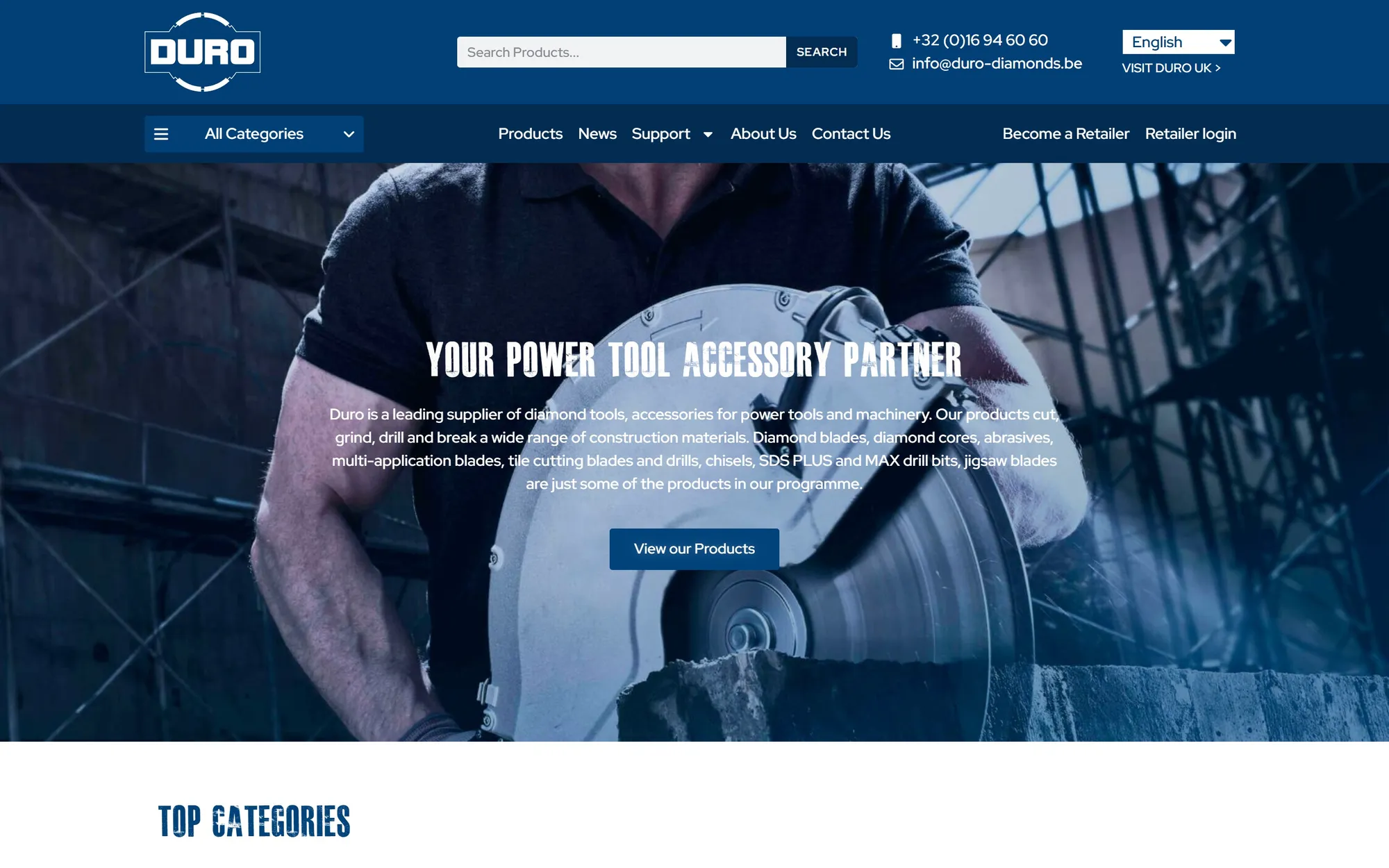 E-commerce navigation example: Duro Diamonds puts search, categories and a retailer login in the header