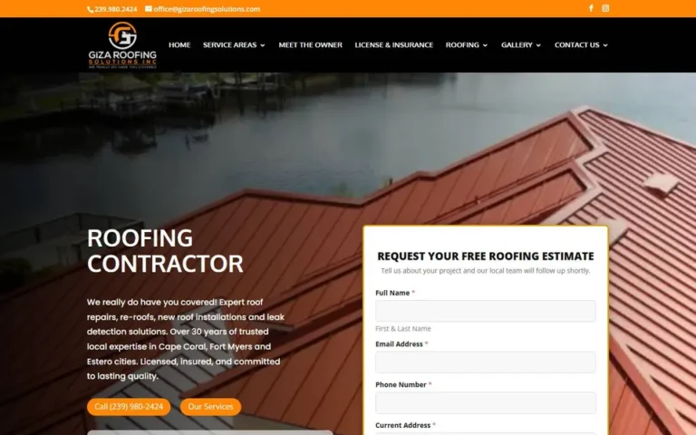 Giza Roofing Solutions homepage: roofing contractor website design in Florida