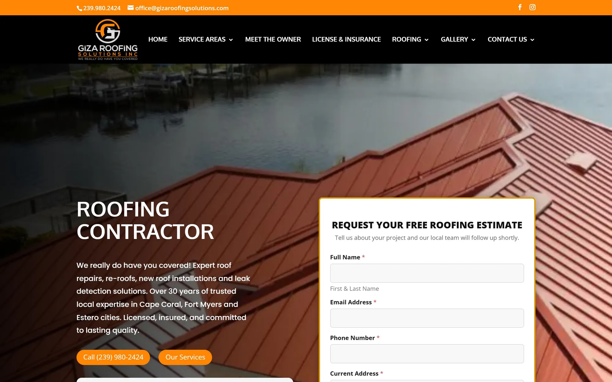 Local contractor website example: Giza Roofing names its service areas and offers a free estimate form