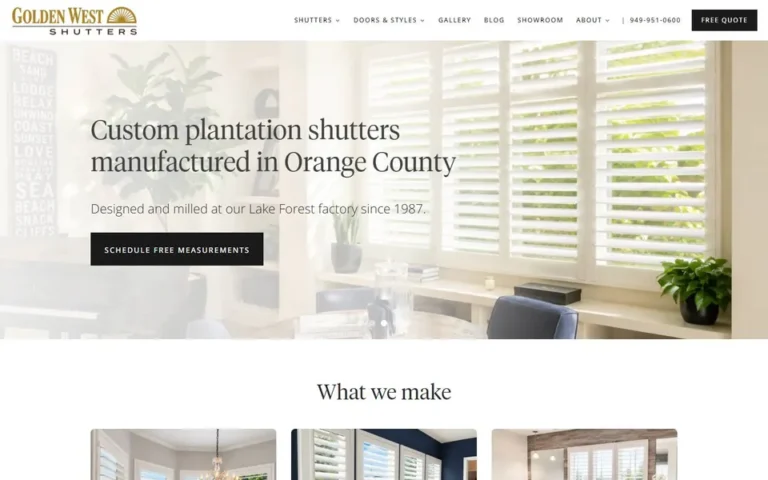 Golden West Shutters homepage: plantation shutters manufacturer website design in California
