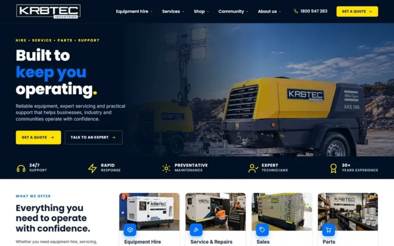 Kirbtech Industries homepage: construction equipment hire website design in Australia