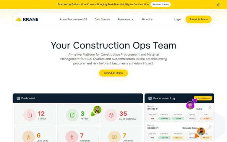 Krane homepage: construction procurement software website design