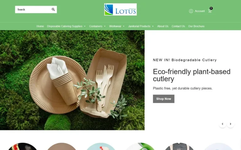 Lotus Packaging homepage: WooCommerce store design for eco-friendly food packaging in the UK