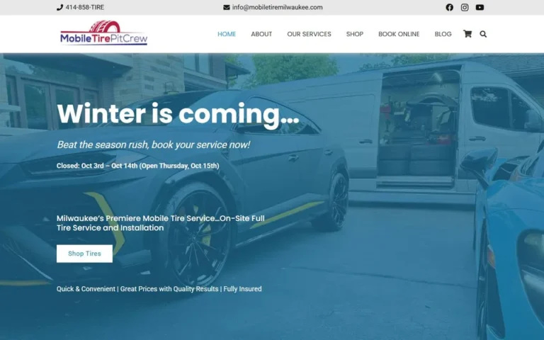 Mobile Tire Pit Crew homepage: WooCommerce shop and booking website for a mobile tyre service