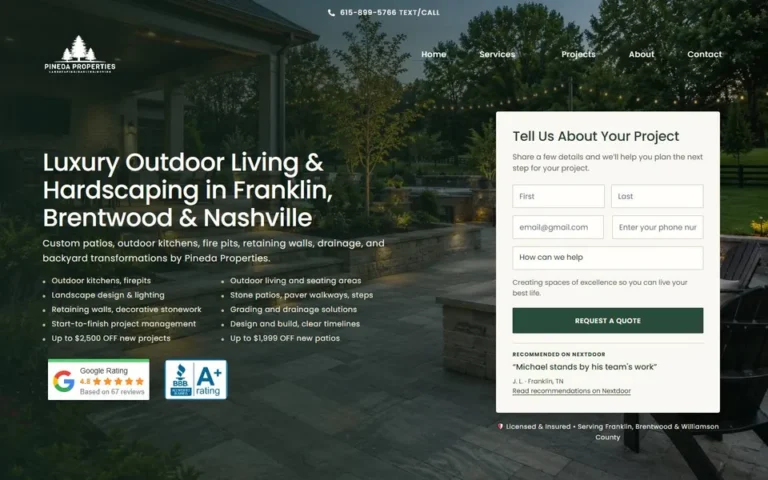 Pineda Properties homepage: hardscaping and outdoor living contractor website design in Tennessee