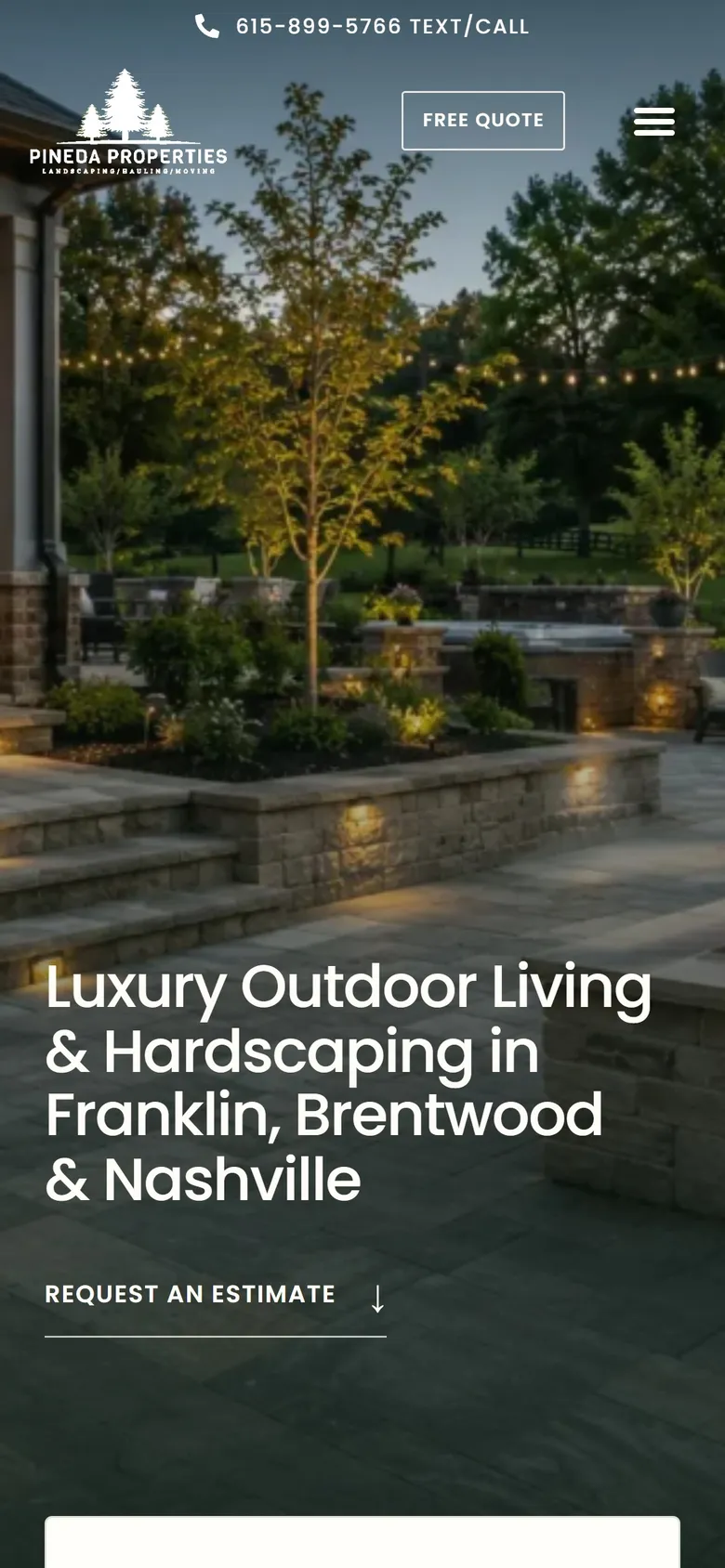 Mobile contractor website example: Pineda Properties on a phone with call and free quote buttons