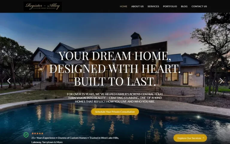 RA Custom Homes homepage: custom home builder website design in Texas
