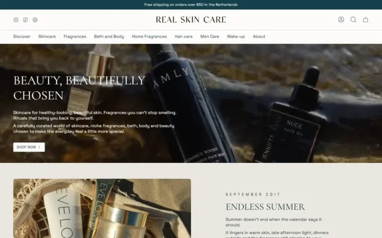 Real Skin Care homepage: Shopify store design for skincare and fragrance