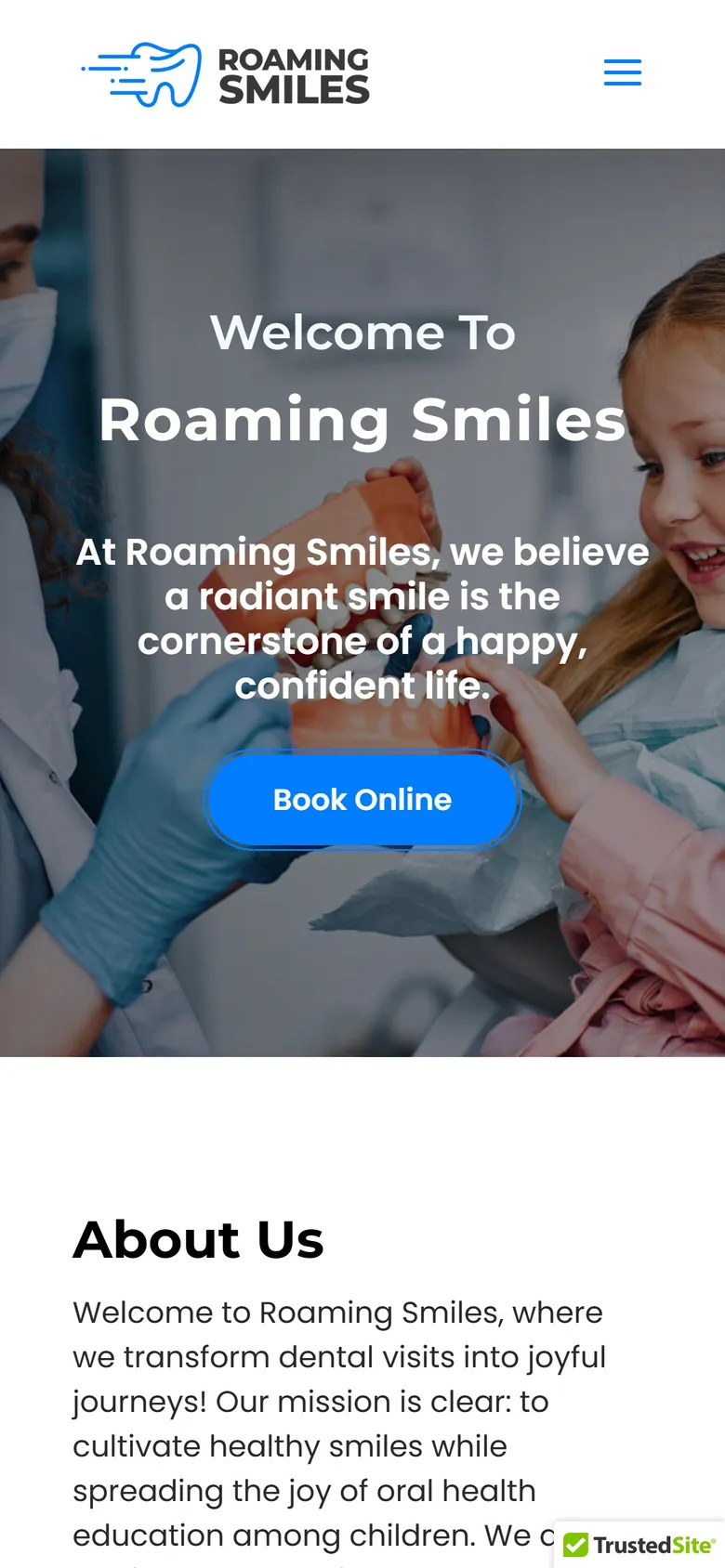 Mobile-first dental website example: Roaming Smiles on a phone with a Book Online button