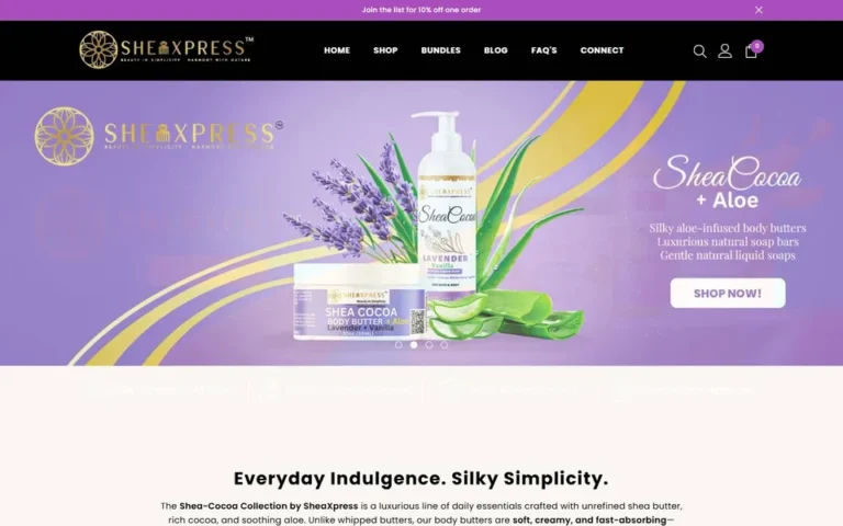 SheaXpress homepage: Shopify store design for a natural beauty brand