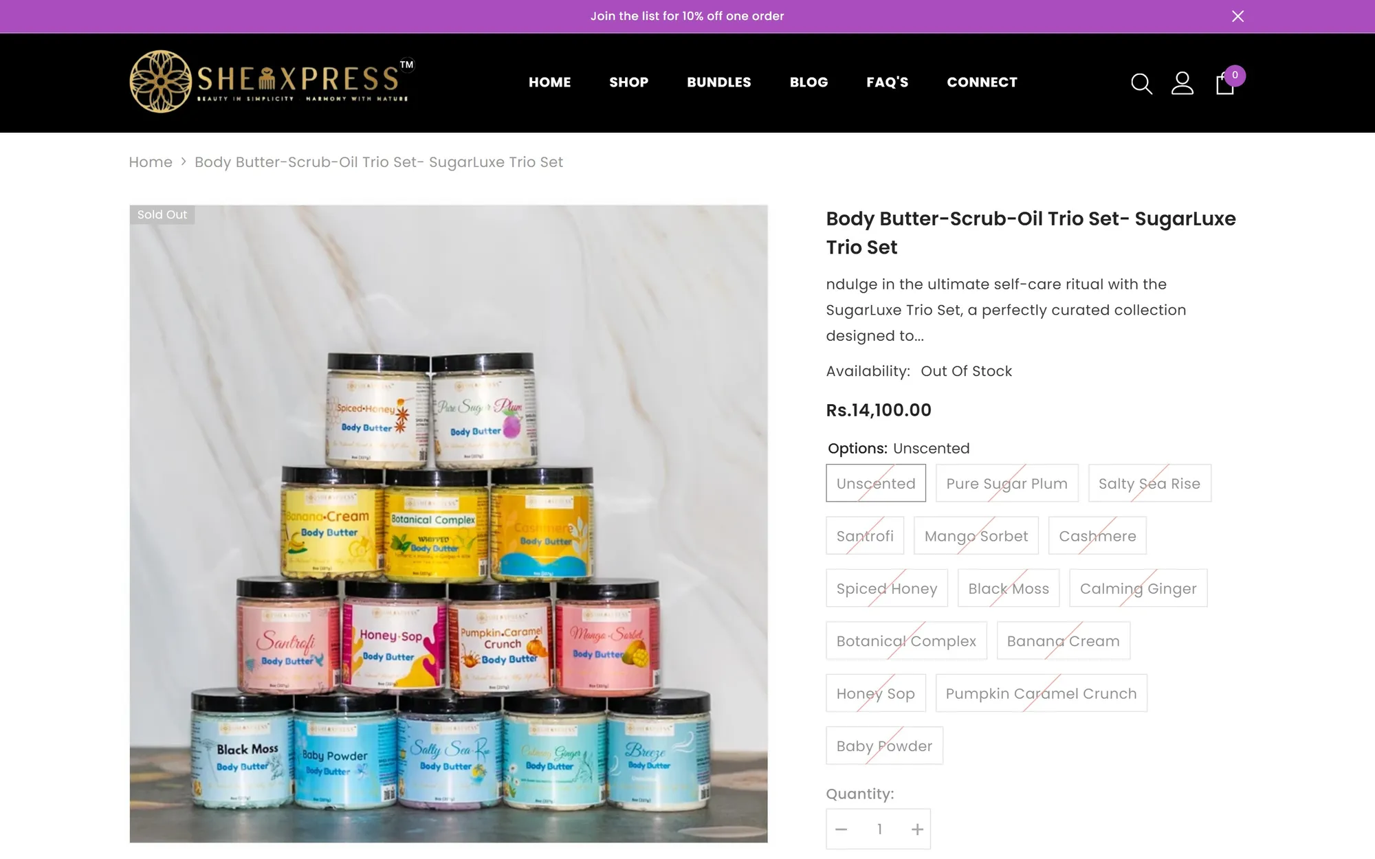 Shopify product page example: SheaXpress shows a large product photo, options, quantity and add to cart together