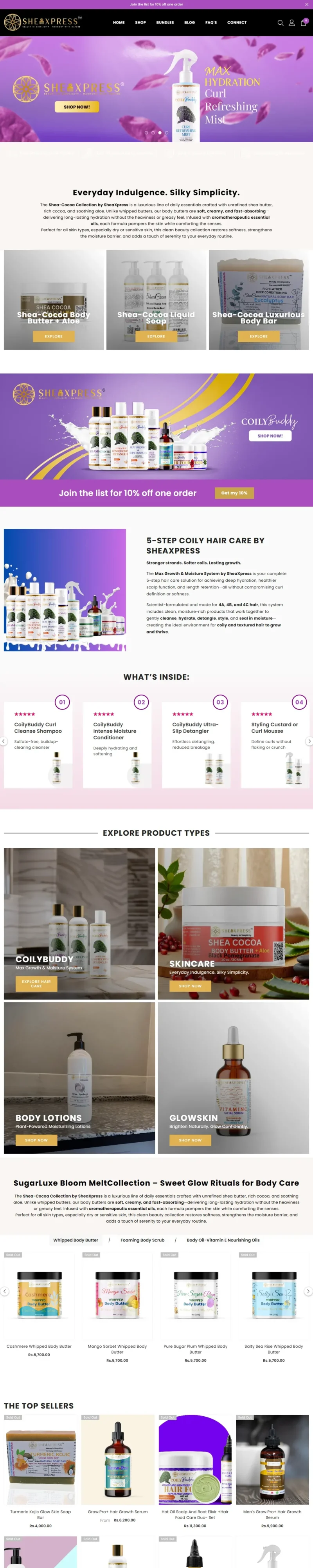 SheaXpress homepage: custom Shopify store design for a natural beauty brand