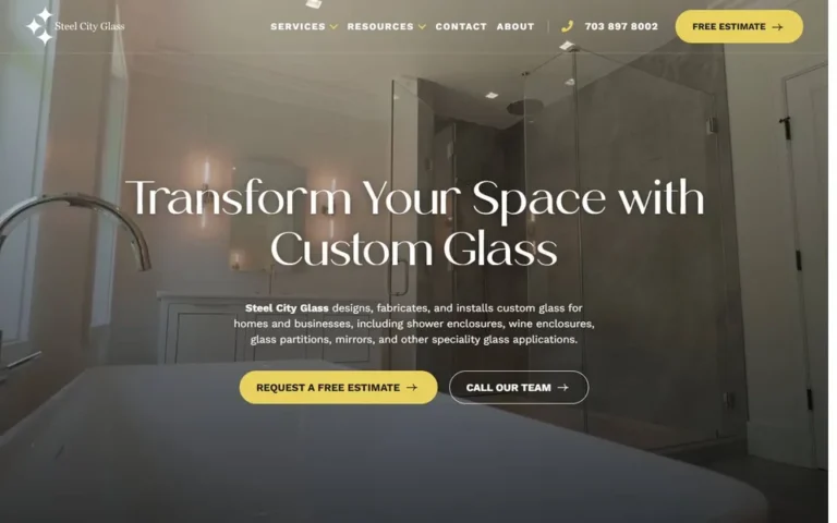 Steel City Glass homepage: custom glass and shower enclosure company website design