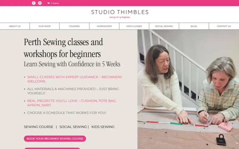 Studio Thimbles homepage: WooCommerce shop and course booking website for a sewing school