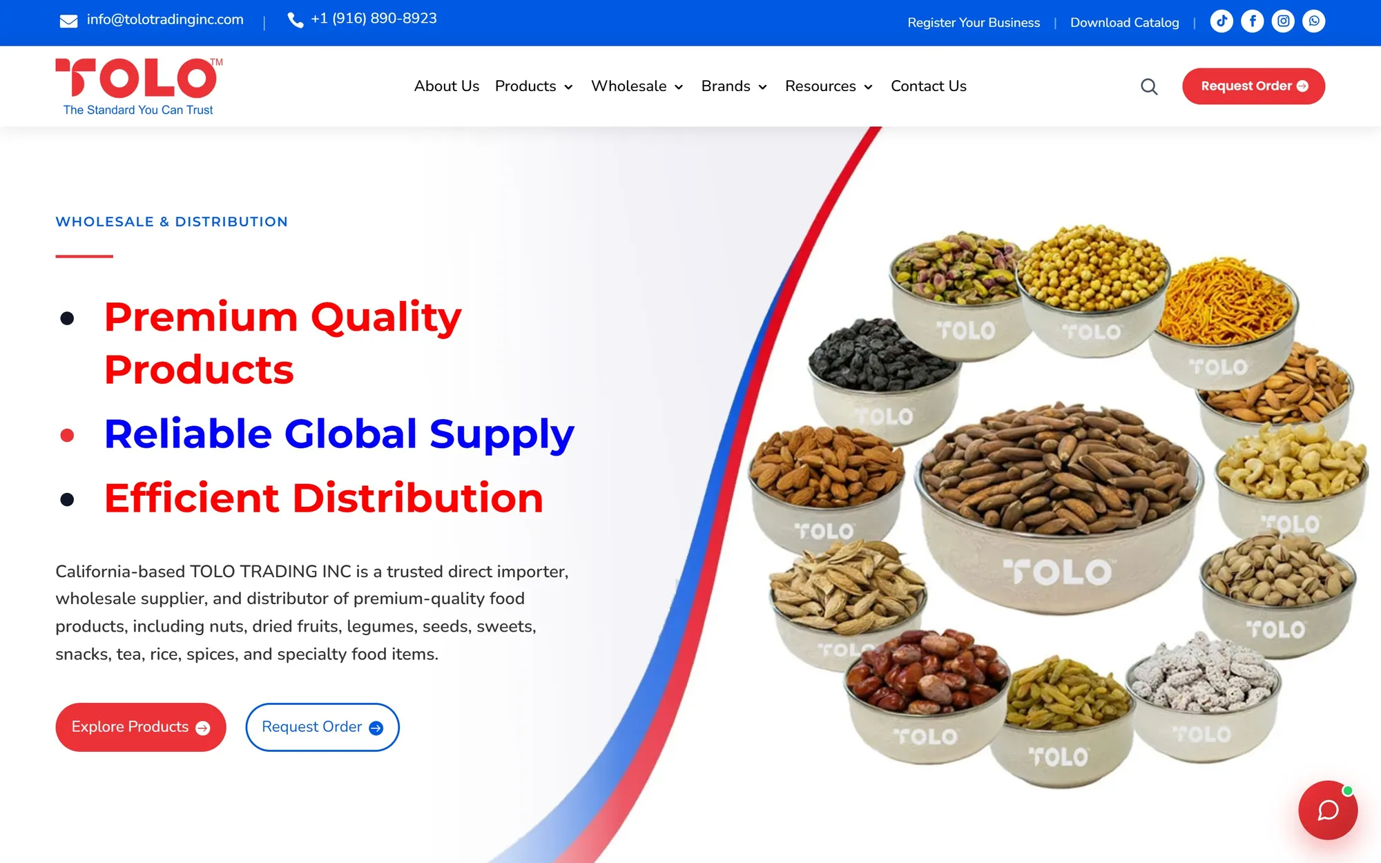 B2B ordering website example: TOLO Trading offers Explore Products and Request Order paths for wholesale buyers