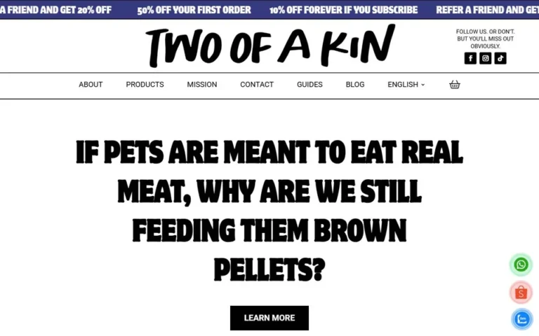 Two of a Kin homepage: WooCommerce store design for a raw pet food brand