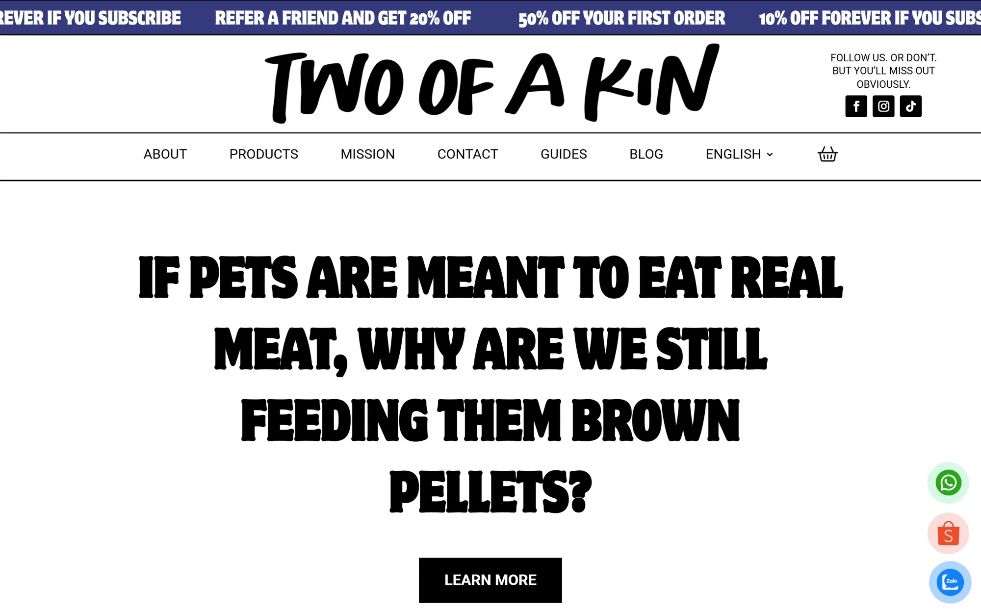 E-commerce offers example: Two of a Kin promotes subscription and first-order discounts in its top banner