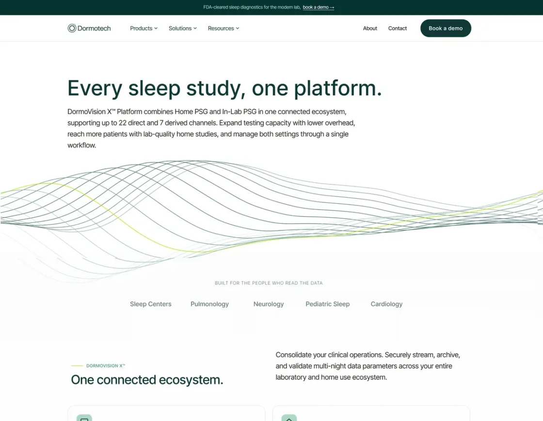 DormoTech homepage: WordPress website design for a sleep diagnostics medical technology company