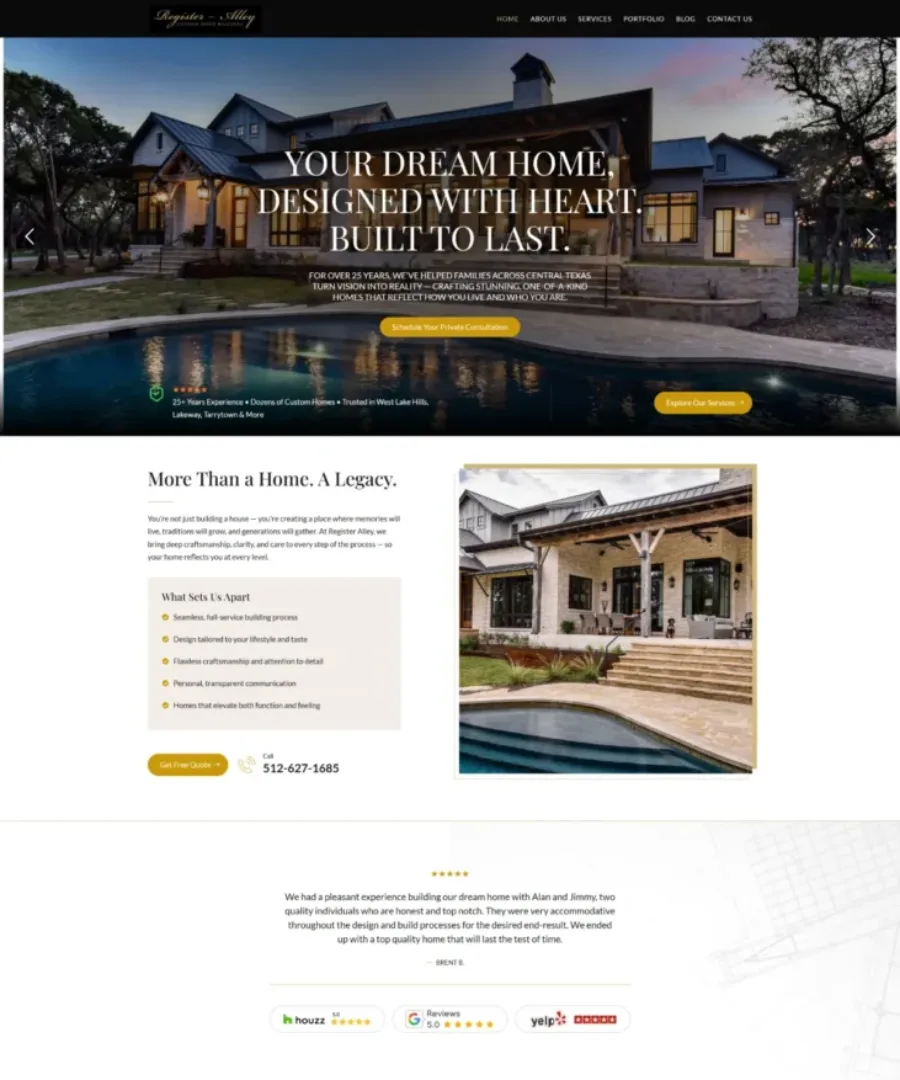 RA Custom Homes homepage: WordPress website design for a luxury home builder in the USA