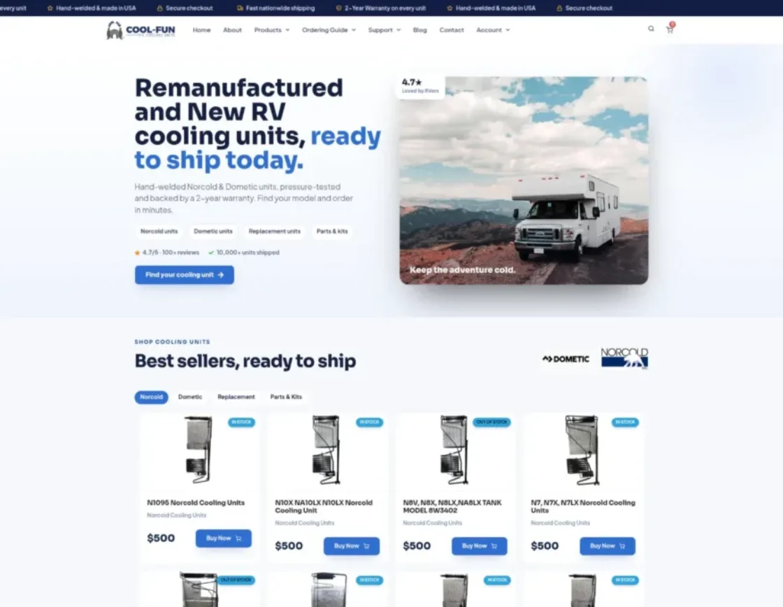 Cool Fun RV homepage: WooCommerce store redesign for a seller of RV cooling units