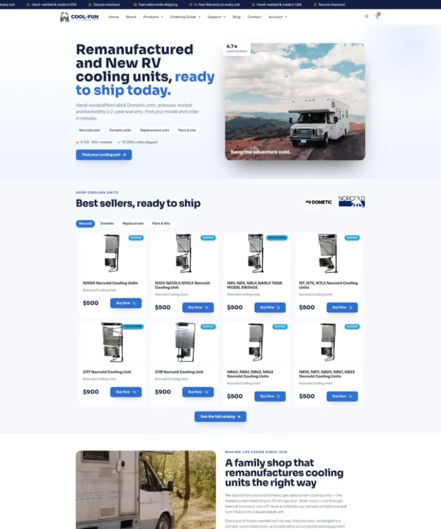 Cool Fun RV homepage: WooCommerce store redesign for a seller of RV cooling units