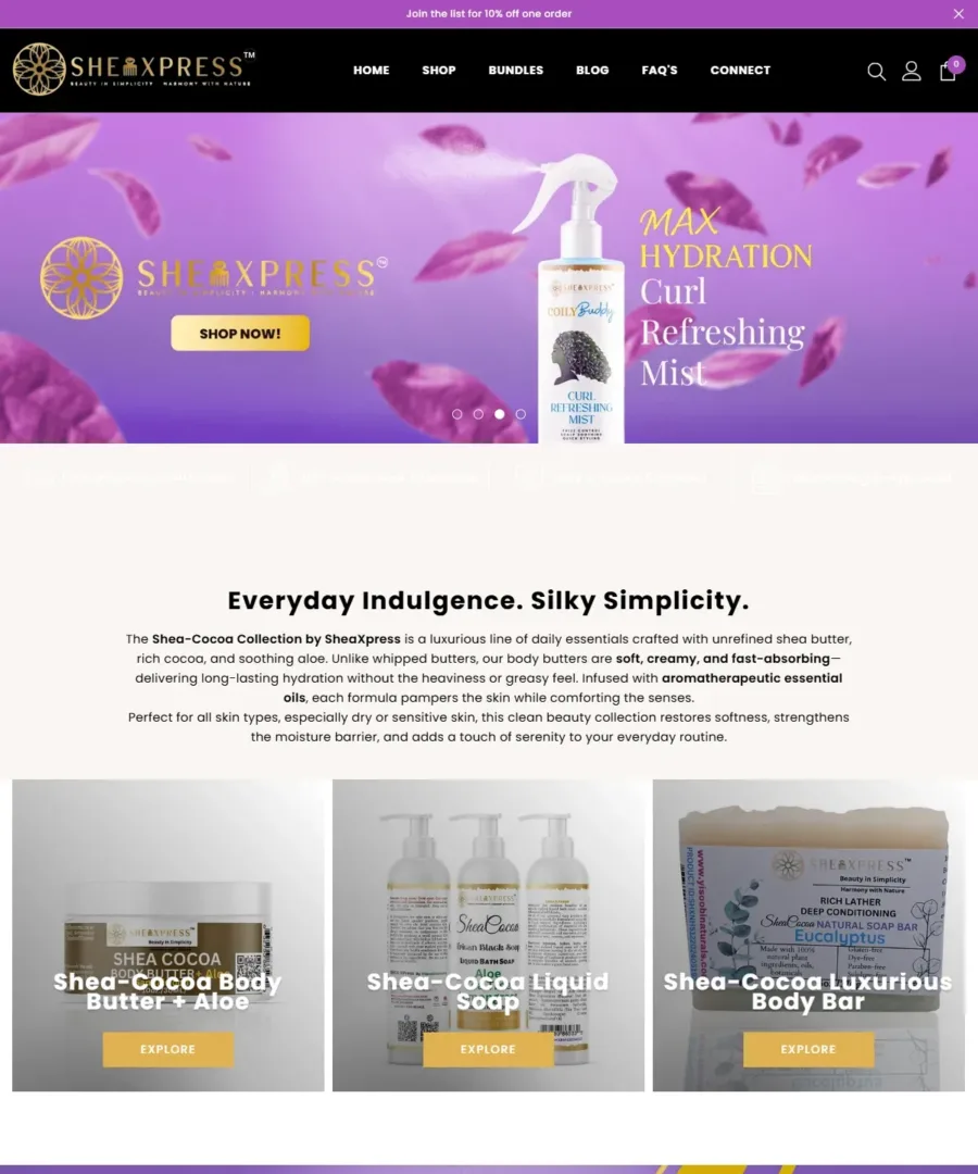SheaXpress homepage: custom Shopify store design for a natural beauty brand