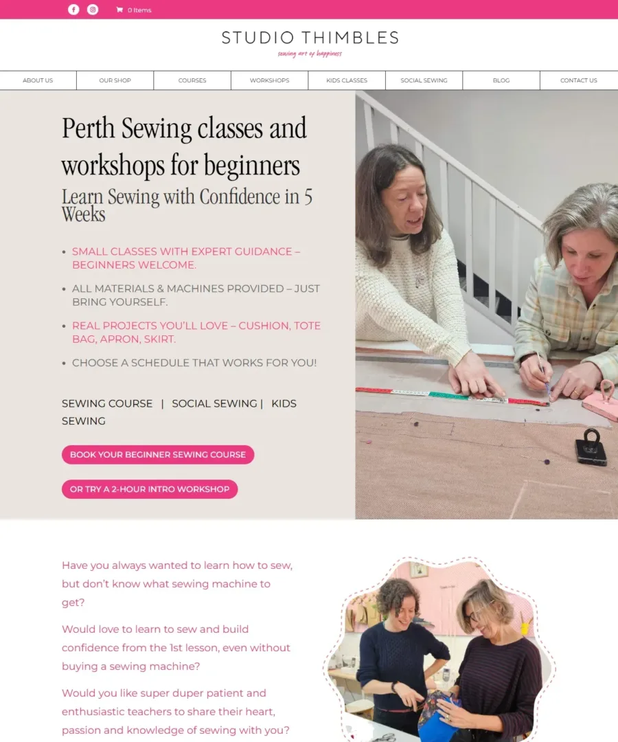 Studio Thimbles homepage: Figma to WordPress and WooCommerce website for a Perth sewing school