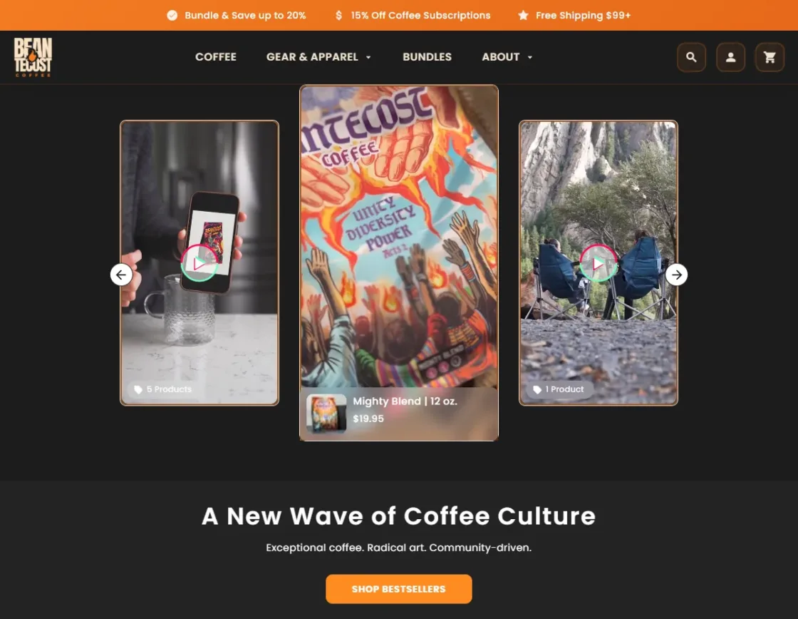 Beantecost Coffee homepage: custom Shopify store design for a craft coffee brand